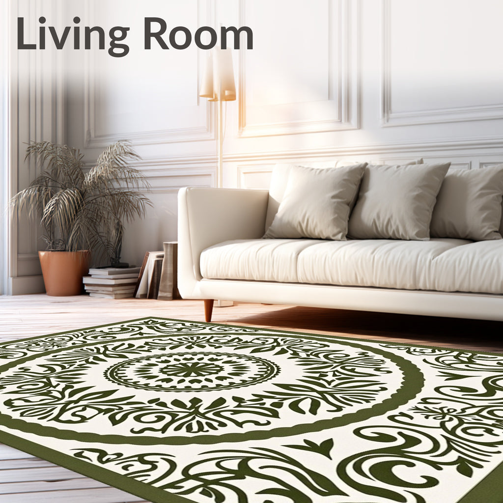 Olive Green Ornate Floral Mandala Rug