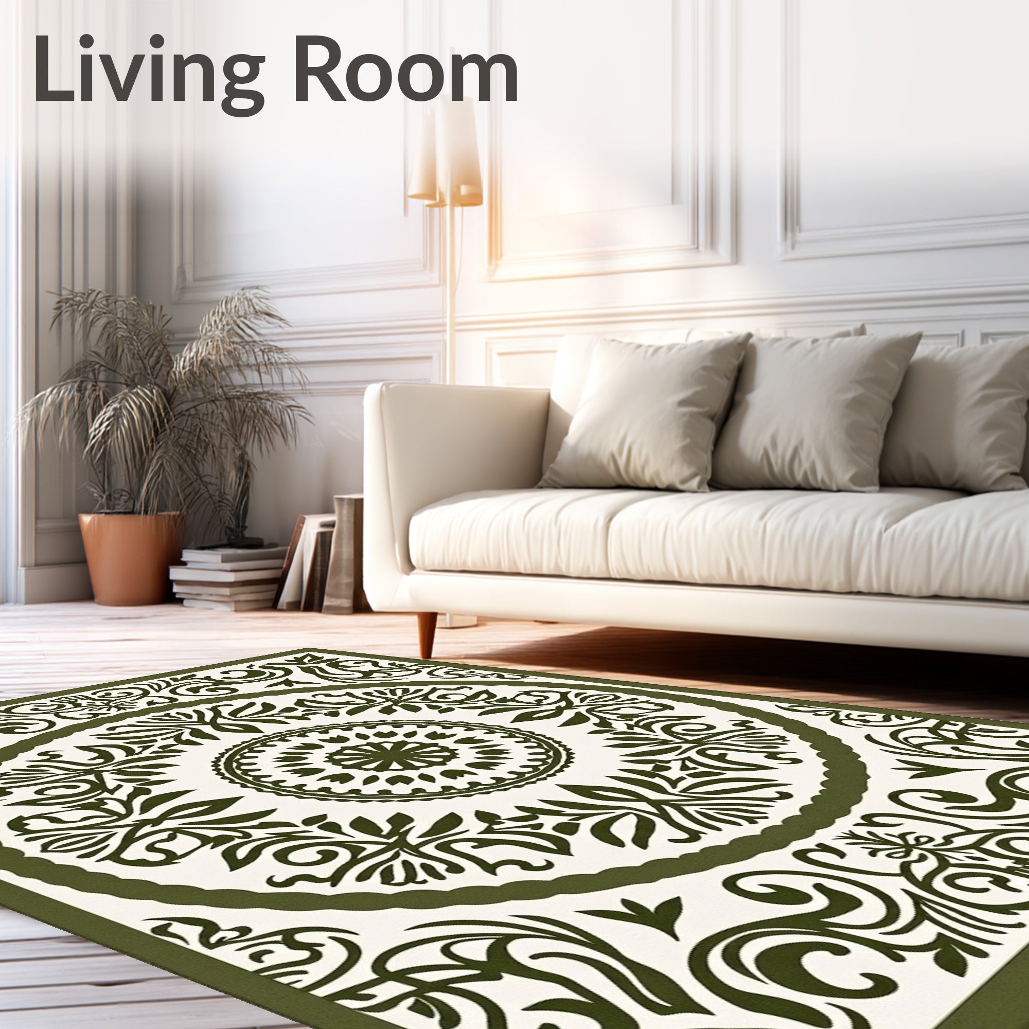 Olive Green Ornate Floral Mandala Rug