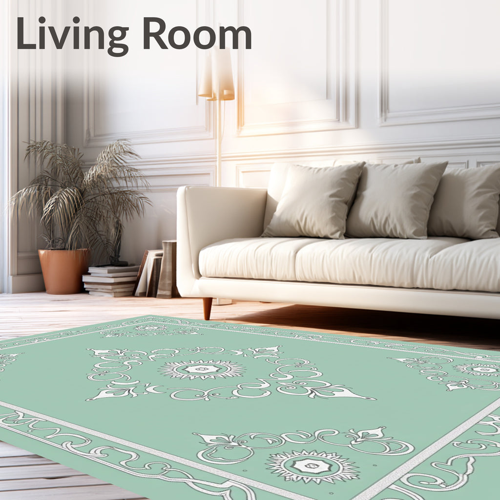 Pale Mint White Medallion Scrollwork Rug