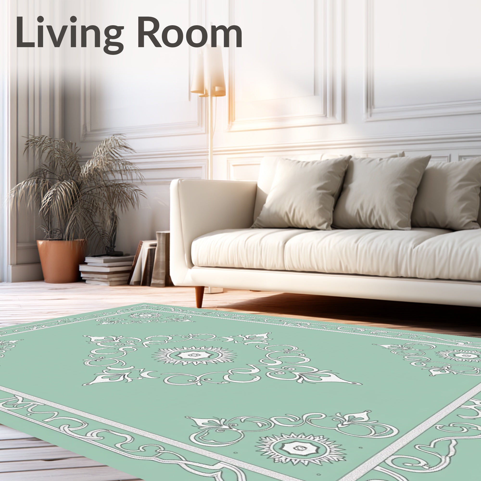 Pale Mint White Medallion Scrollwork Rug