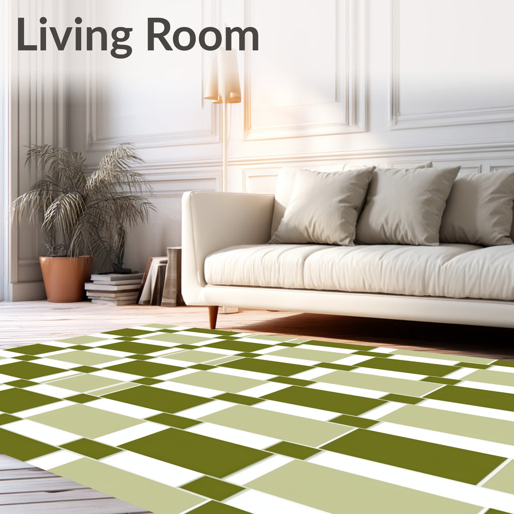 Olive Green Tan Interlocking Squares Rug