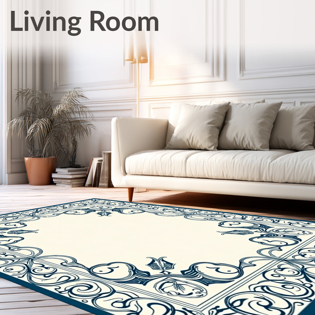 Navy Ivory Floral Scroll Border Rug