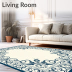 Navy Ivory Floral Scroll Border Rug