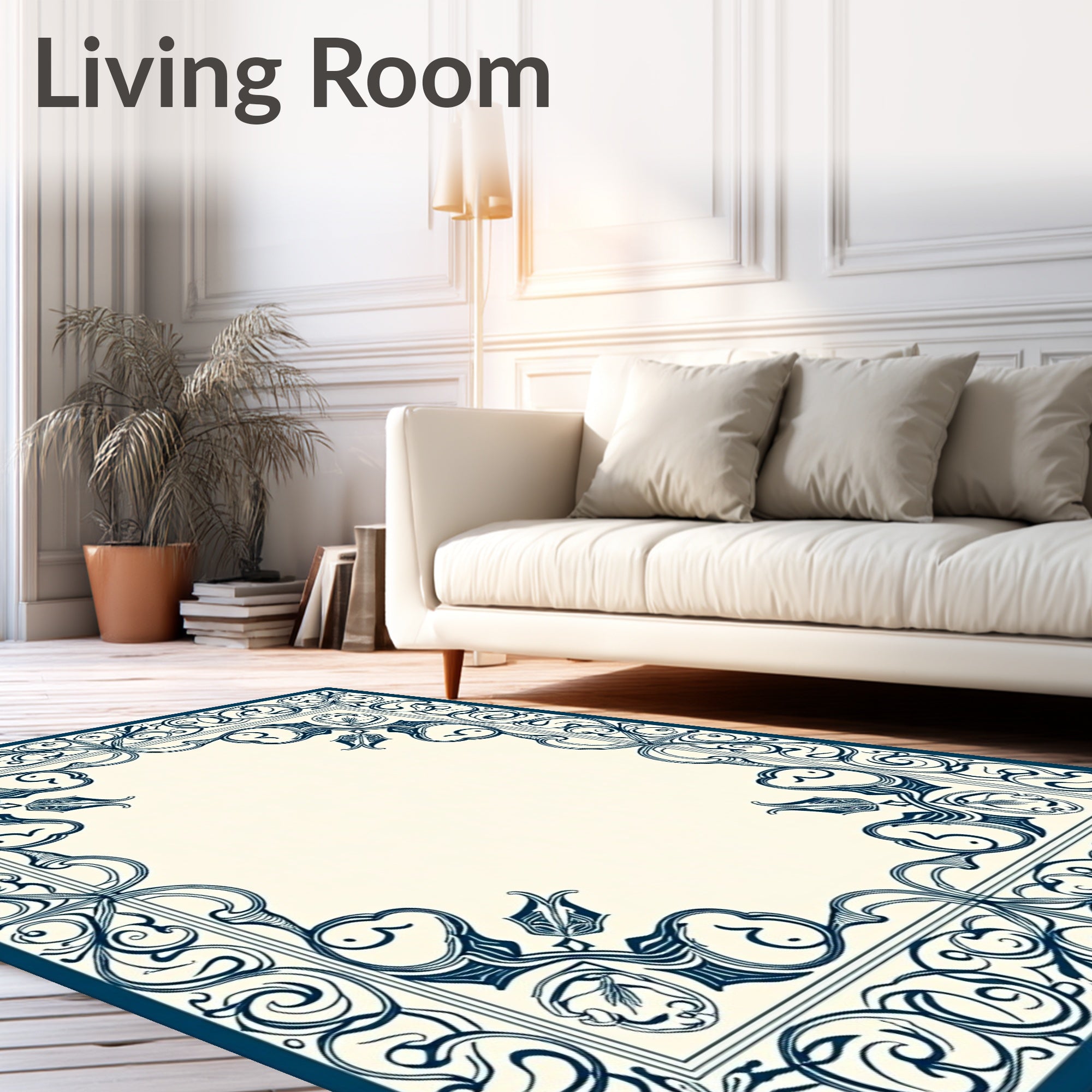 Navy Ivory Floral Scroll Border Rug