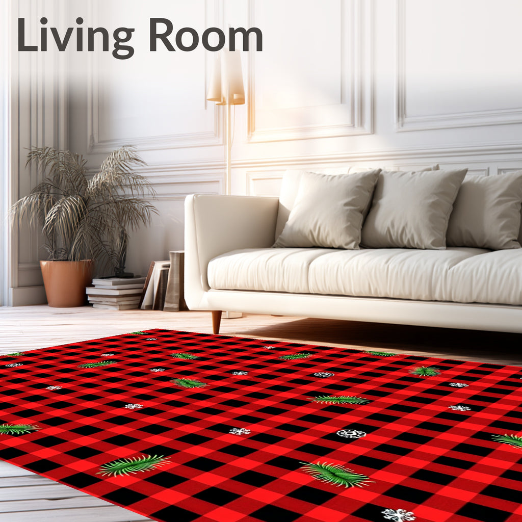 Red Black Buffalo Plaid Evergreen Snowflakes Rug