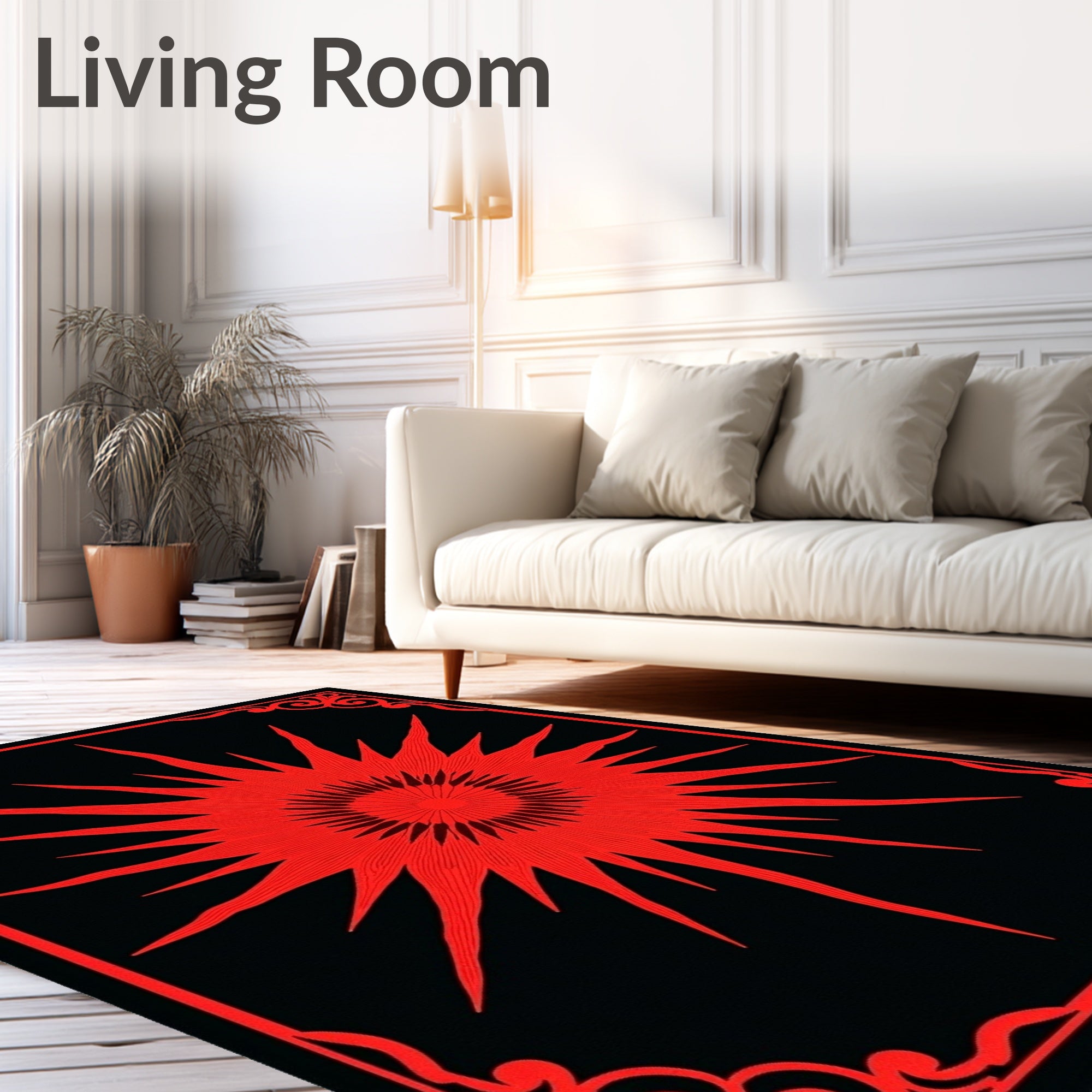 Bold Red Sunburst Scrollwork Rug