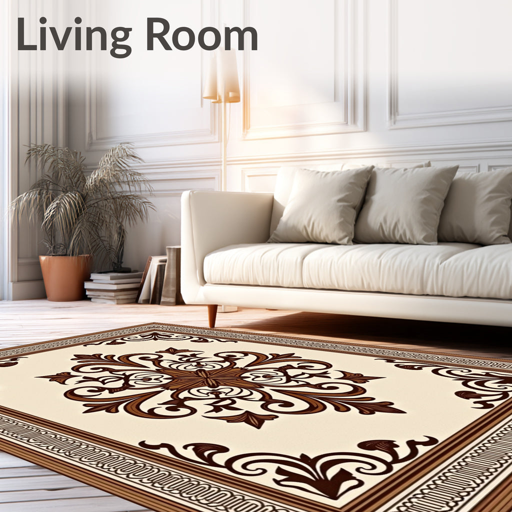 Classic Brown Floral Centerpiece Border Rug