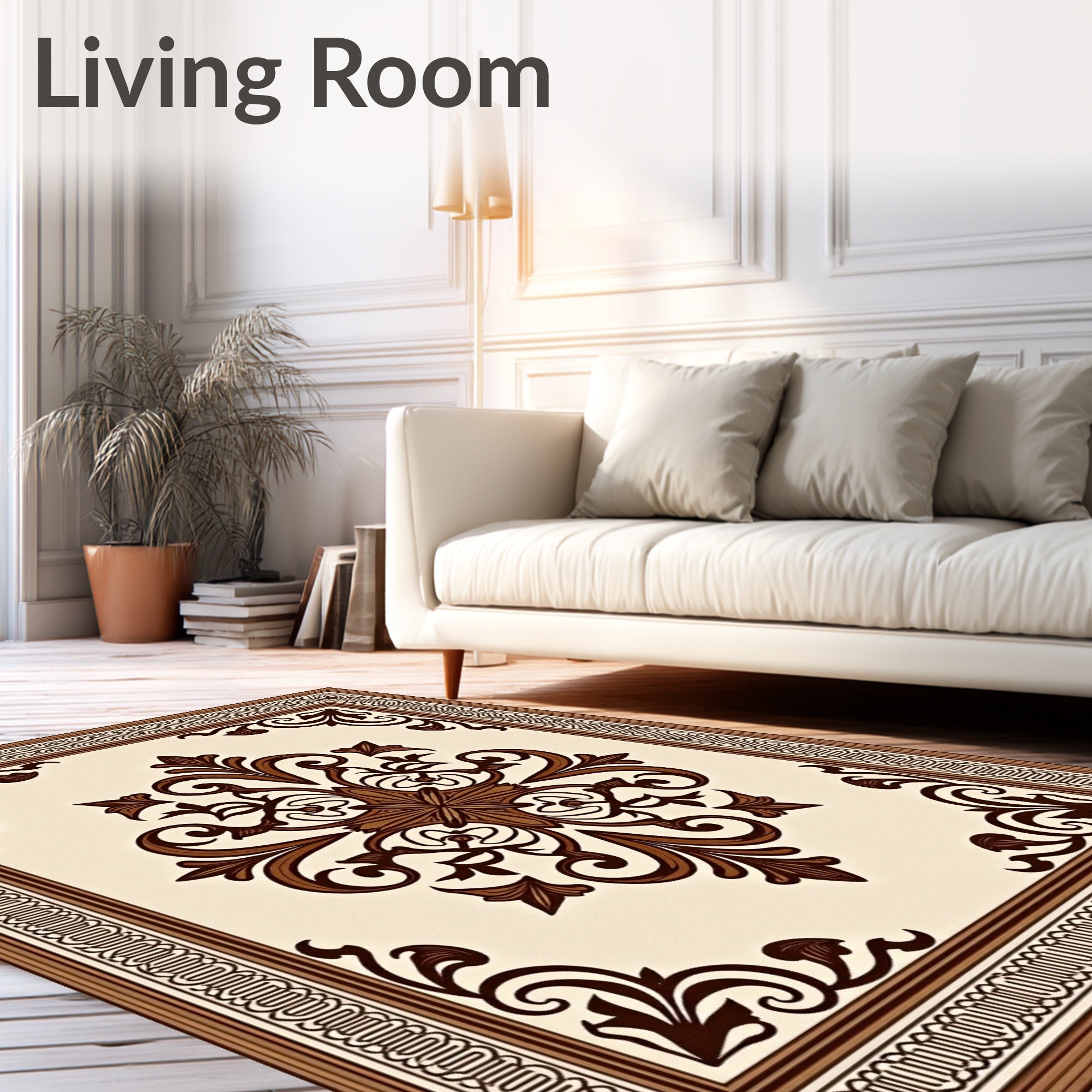 Classic Brown Floral Centerpiece Border Rug