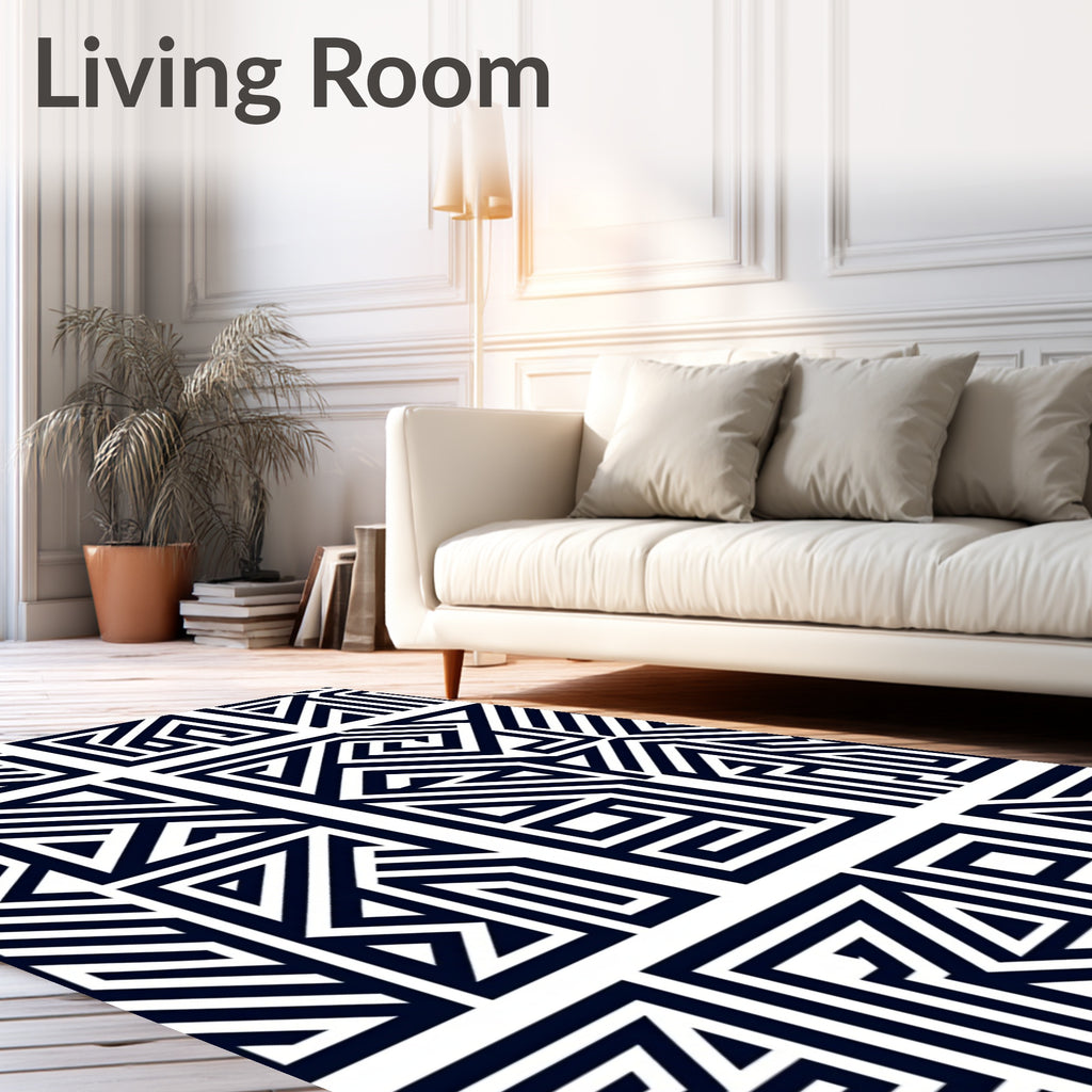 Navy White Geometric Maze Rug