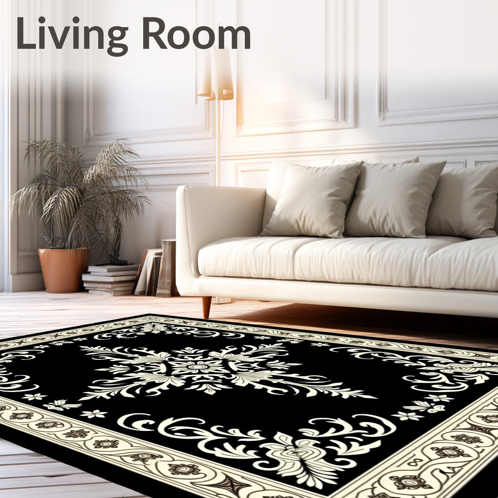 Classic Black Cream Floral Scroll Rug
