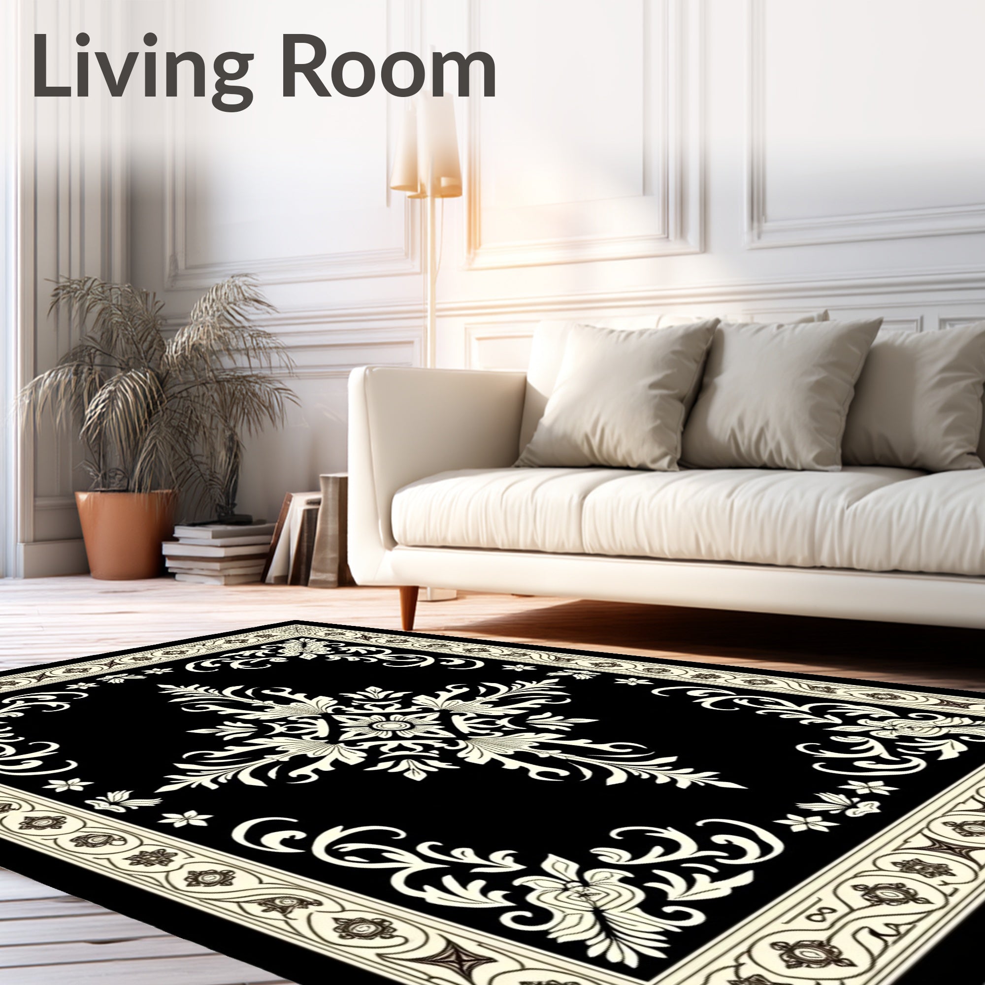 Classic Black Cream Floral Scroll Rug