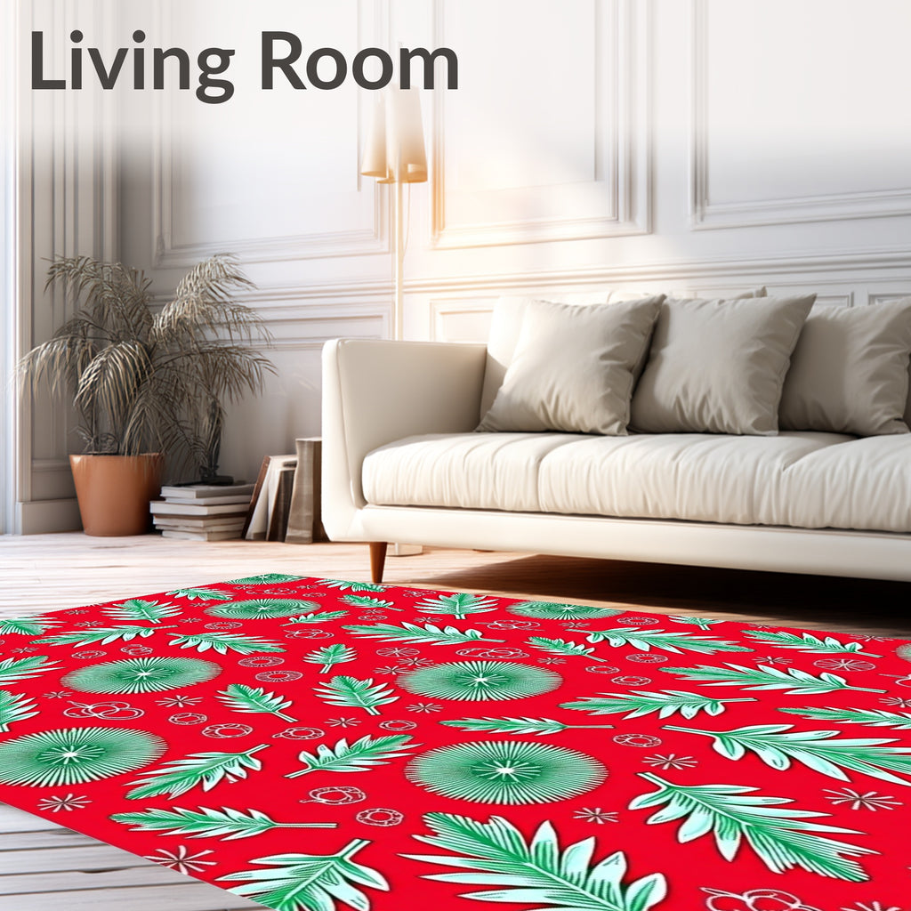 Vibrant Red Green Leafy Botanical Rug