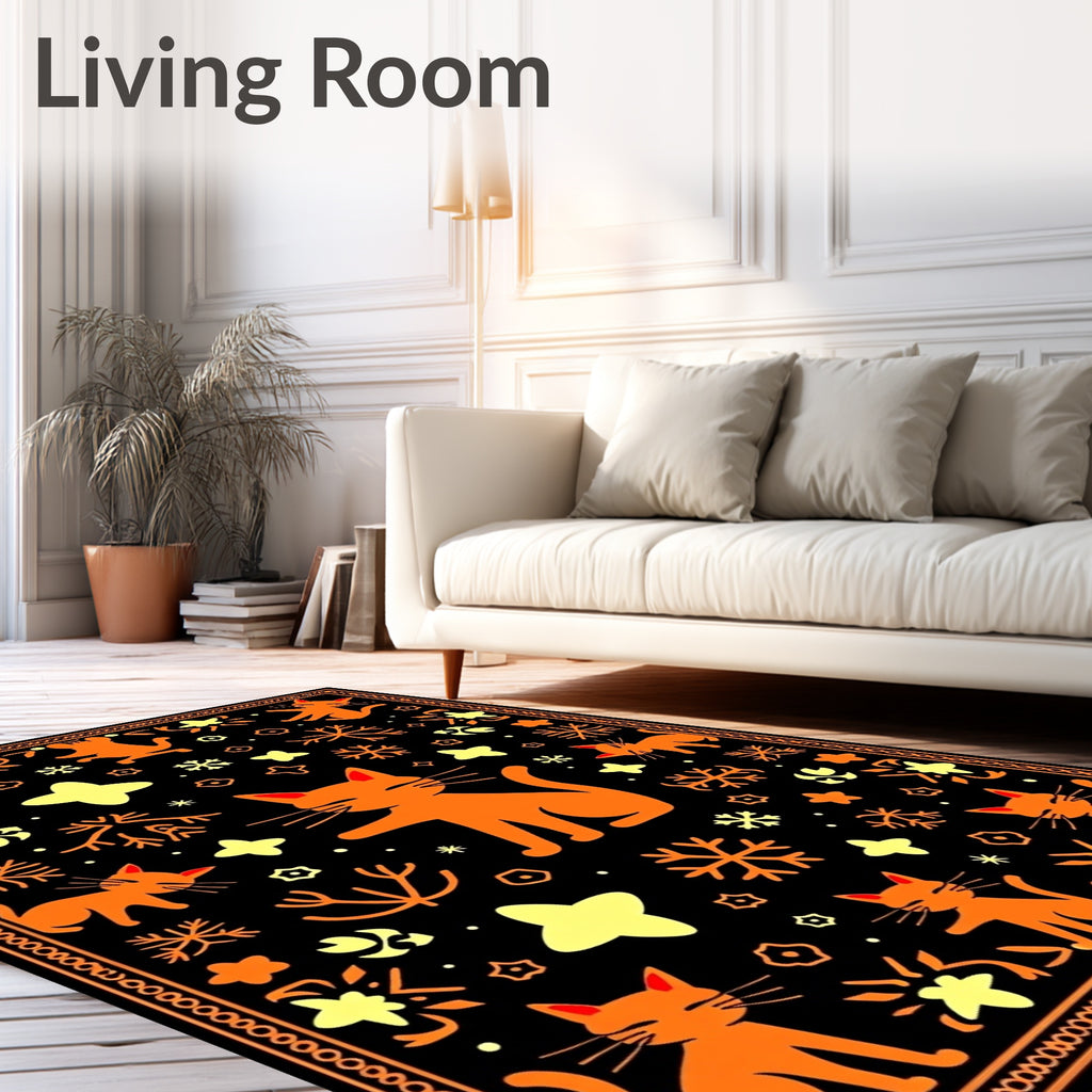 Orange Cat Whimsical Stars Black Rug