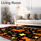 Orange Cat Whimsical Stars Black Rug