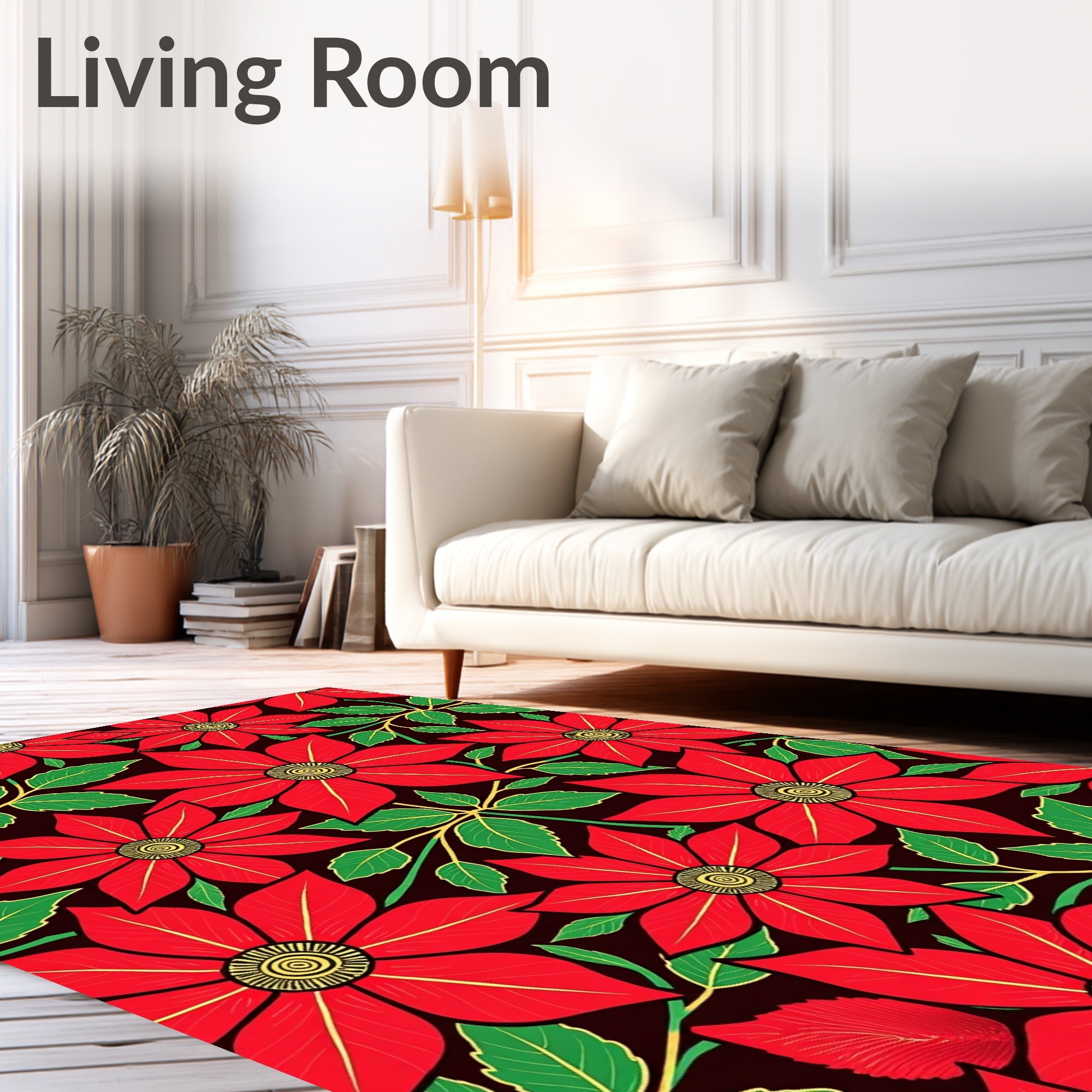 Vibrant Red Floral Outline Swirl Rug