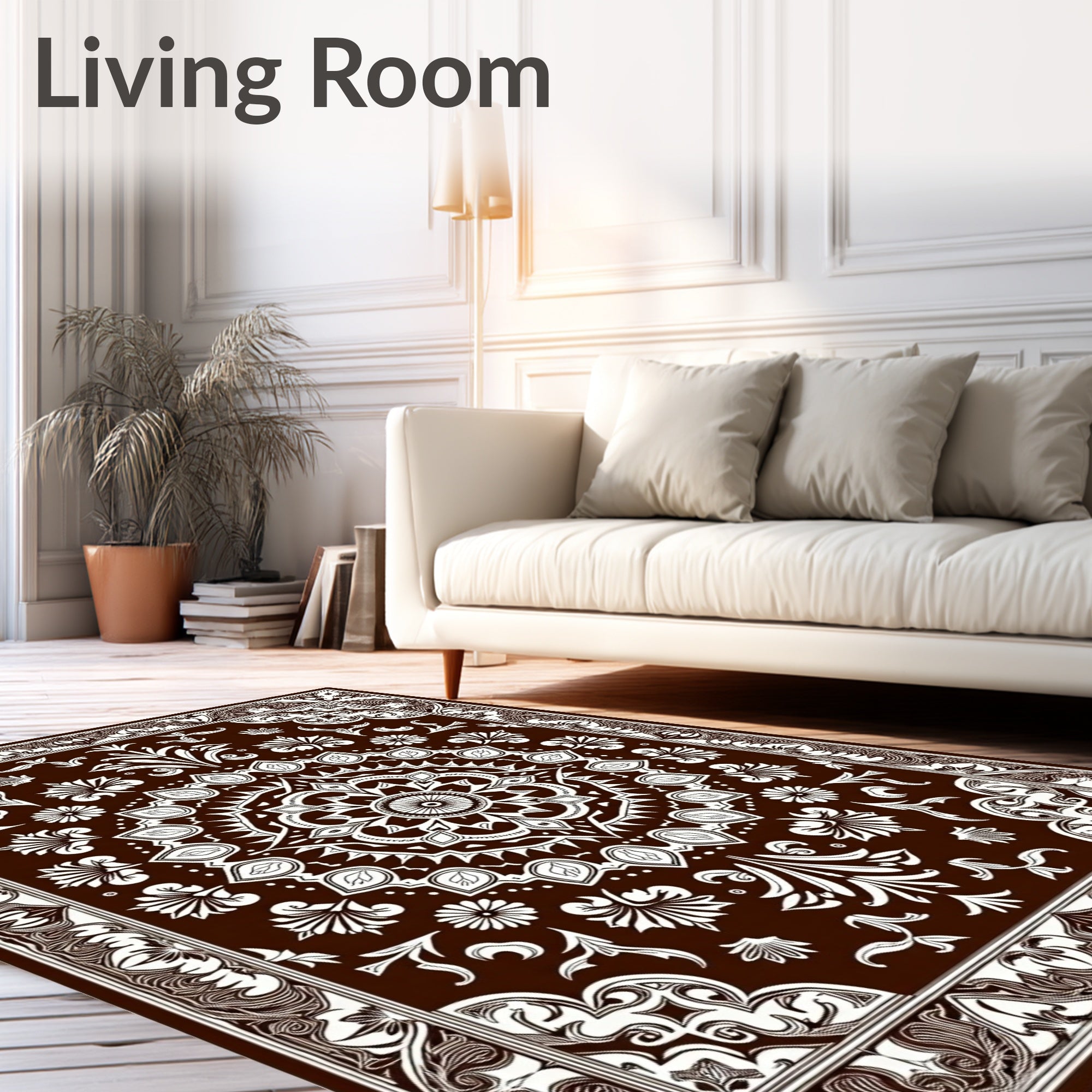 Dark Chocolate White Floral Mandala Medallion Rug
