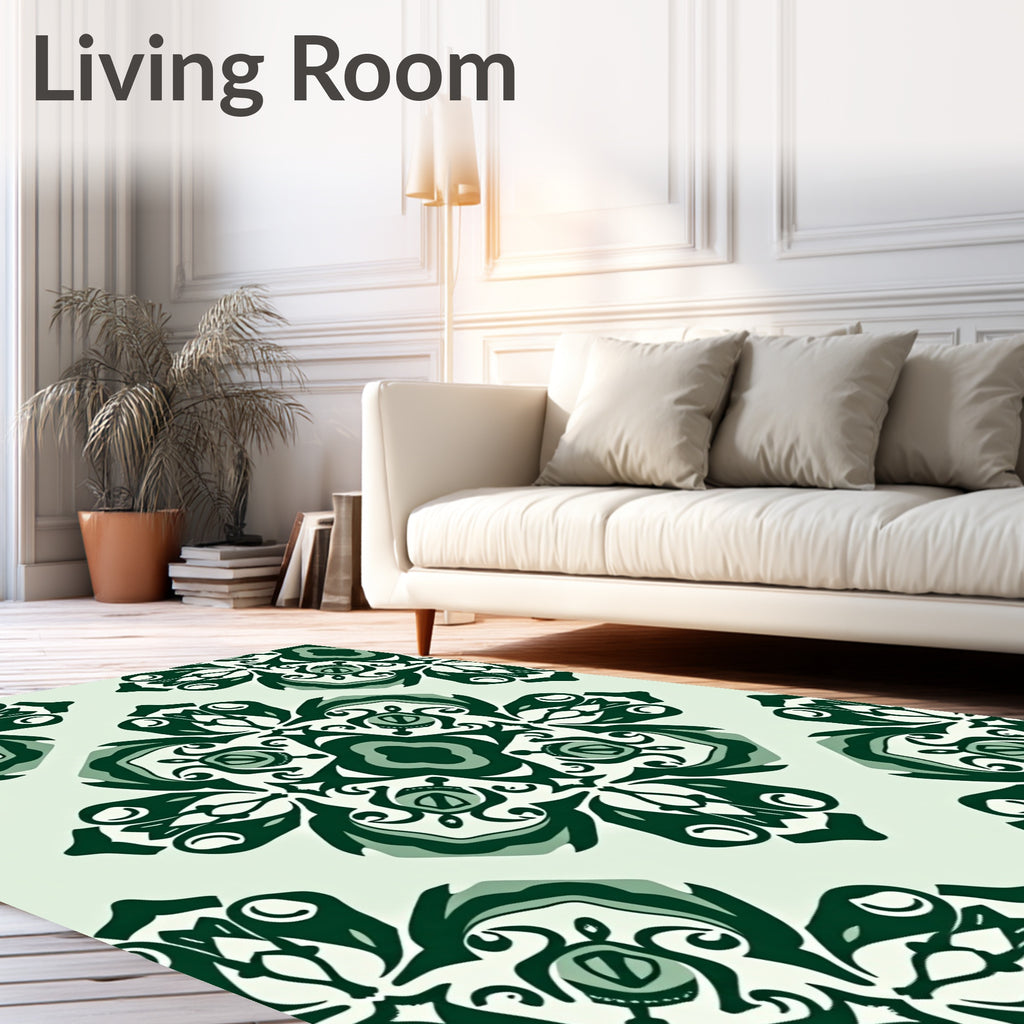 Forest Green Damask Ornamental Medallion Rug