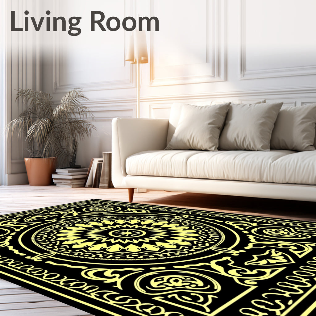 Ornate Yellow Sunburst Mandala Black Rug