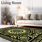 Ornate Yellow Sunburst Mandala Black Rug