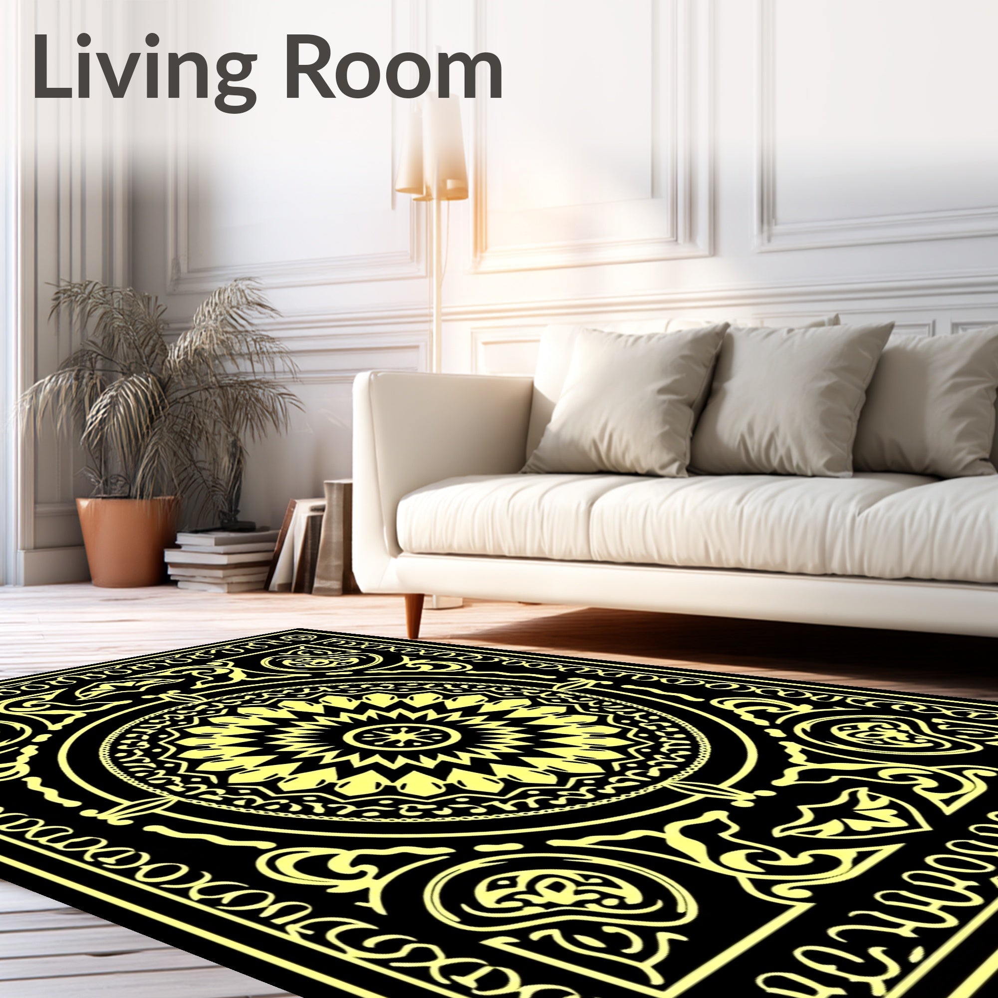 Ornate Yellow Sunburst Mandala Black Rug