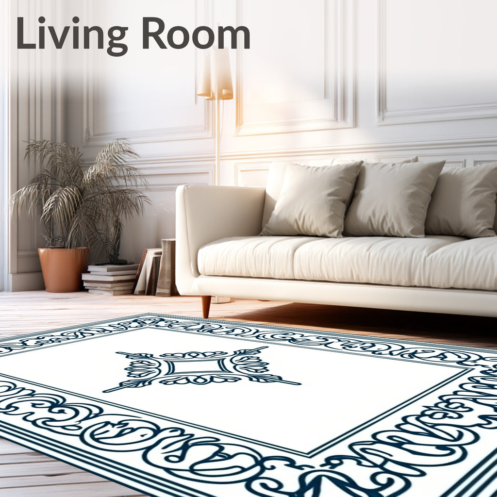 Dark Blue Ornate Quatrefoil Frame Rug