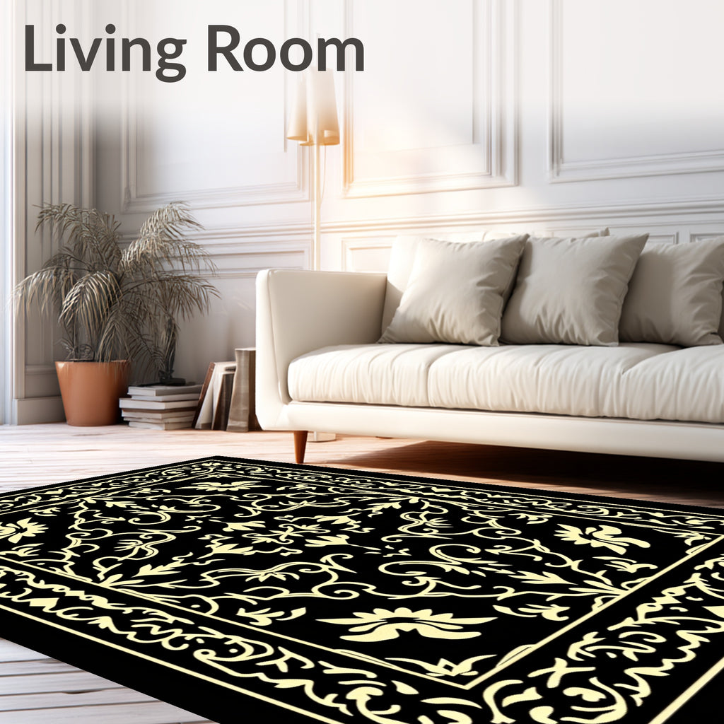 Vintage Black and Gold Floral Scroll Rug
