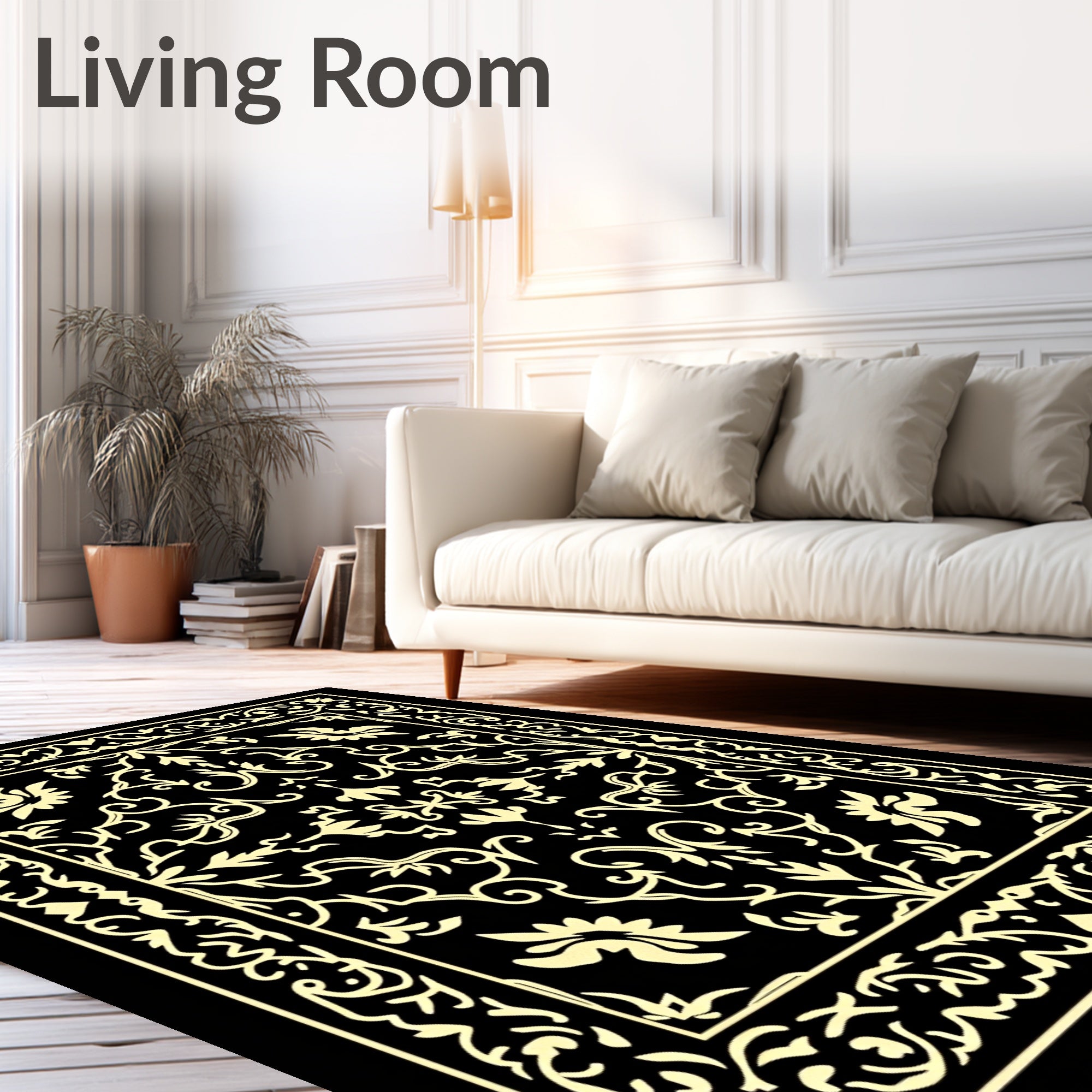 Vintage Black and Gold Floral Scroll Rug
