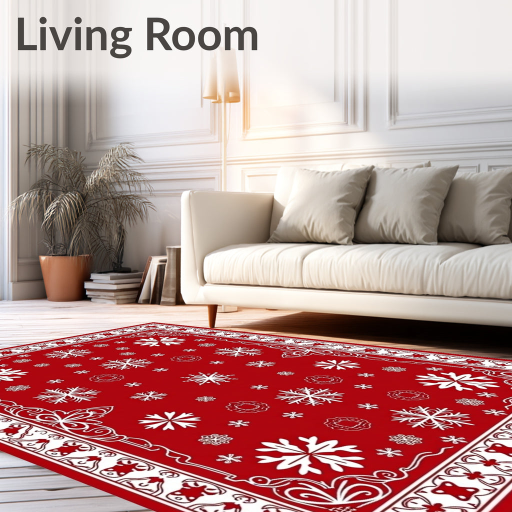 Red White Snowflake Festive Border Rug
