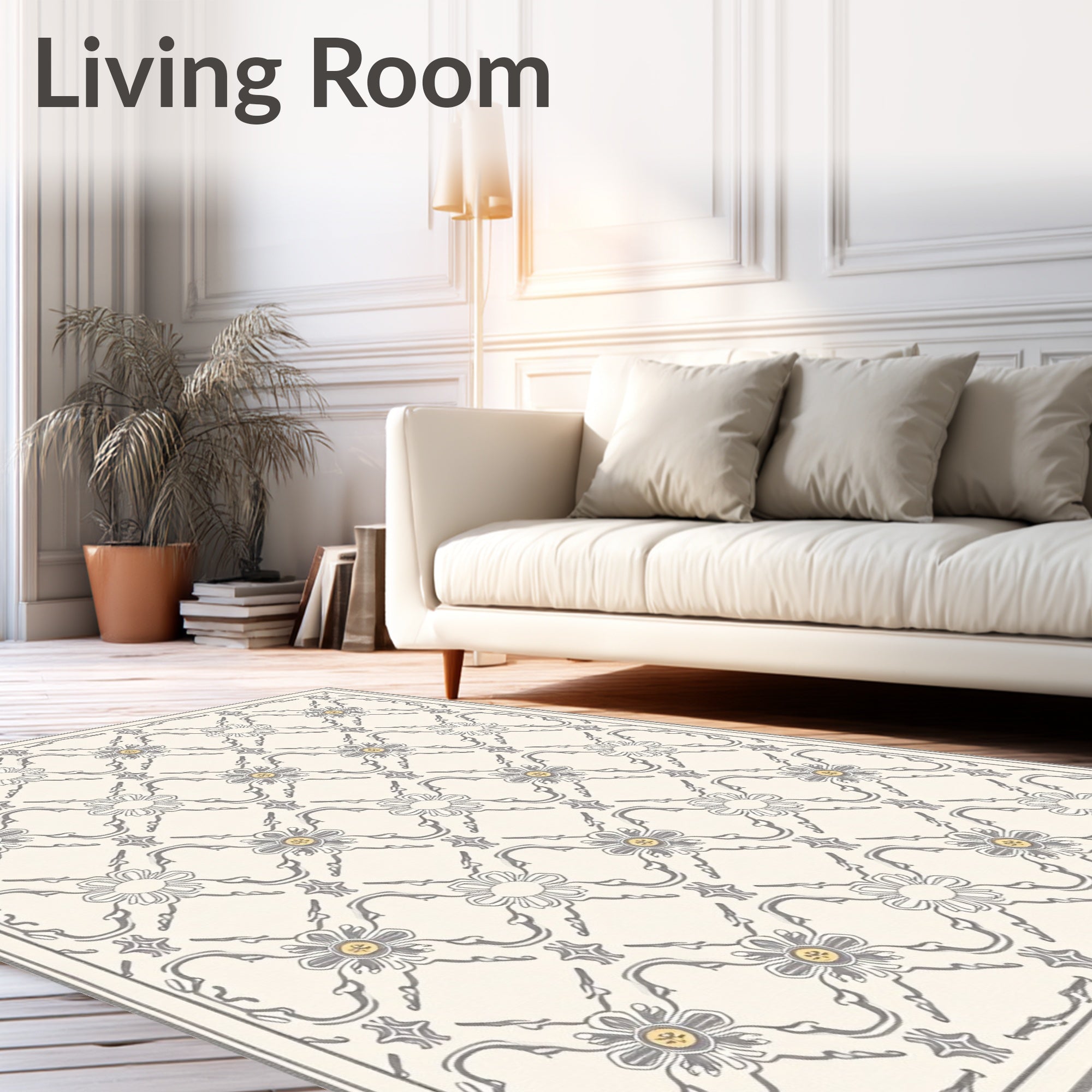 Neutral Grey Floral Trellis With Gold Accents Rug