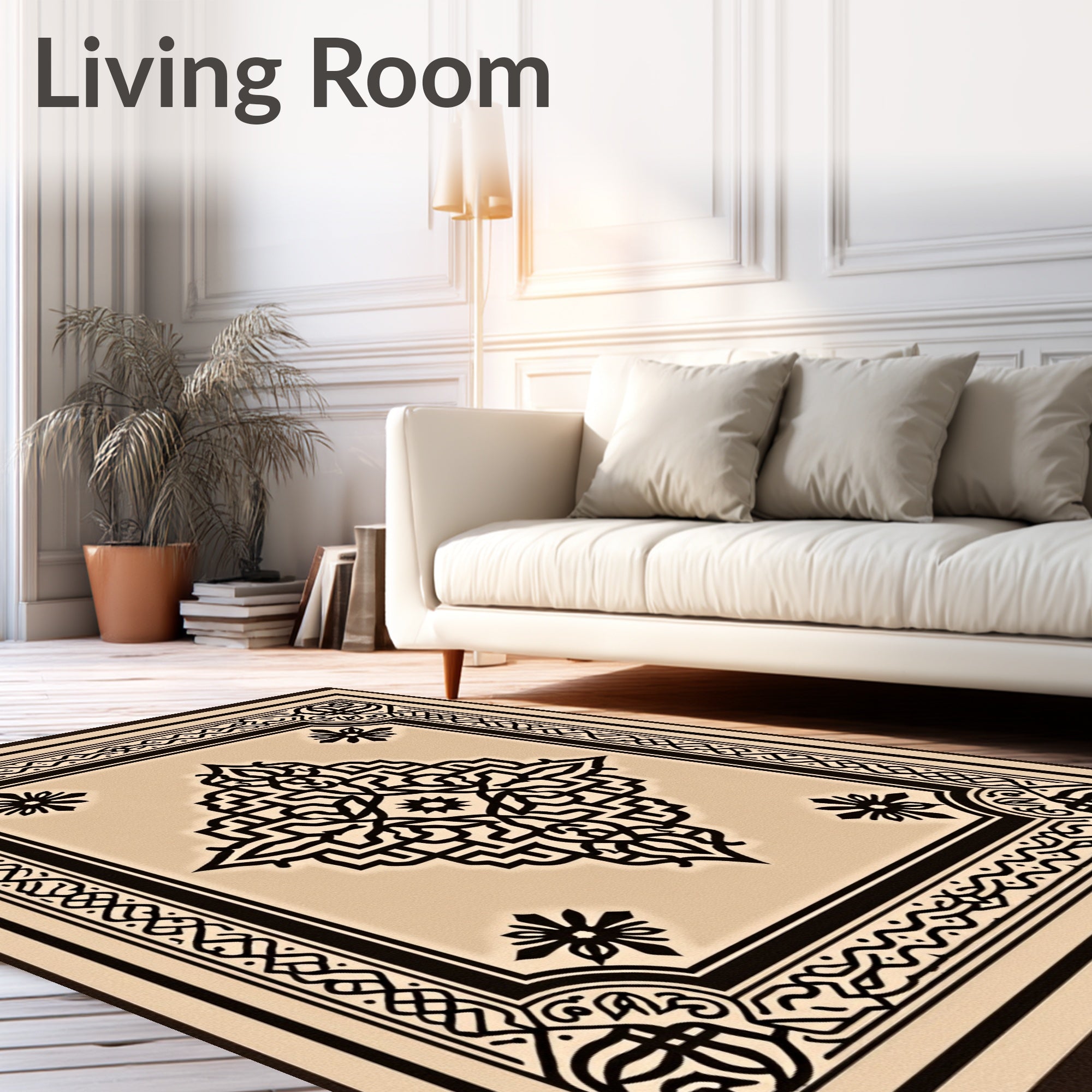 Tan Black Intricate Geometric Medallion Rug
