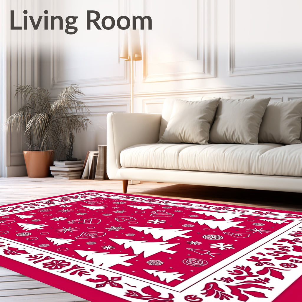 Vibrant Red Christmas Tree Snowflakes Rug