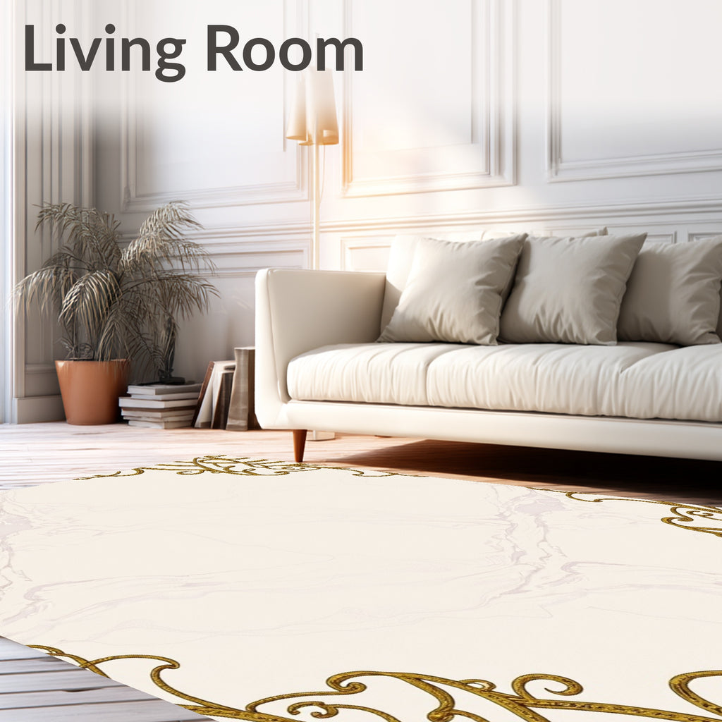 Ornate Gold Scrollwork Marble Corners Rug