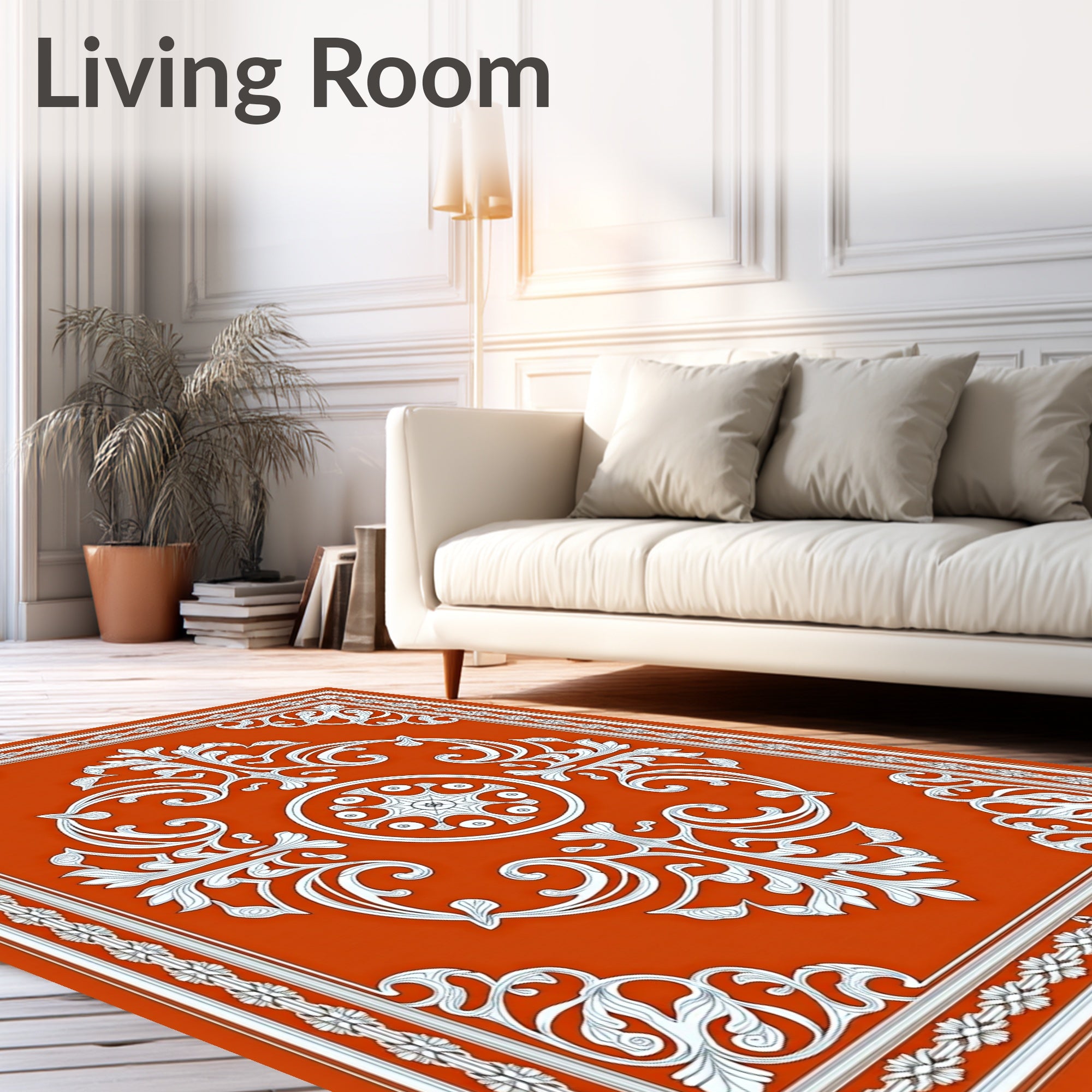 Terracotta White Ornate Scroll Medallion Rug