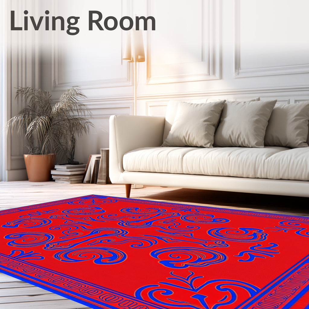 Vibrant Red Blue Swirl Medallion Rug
