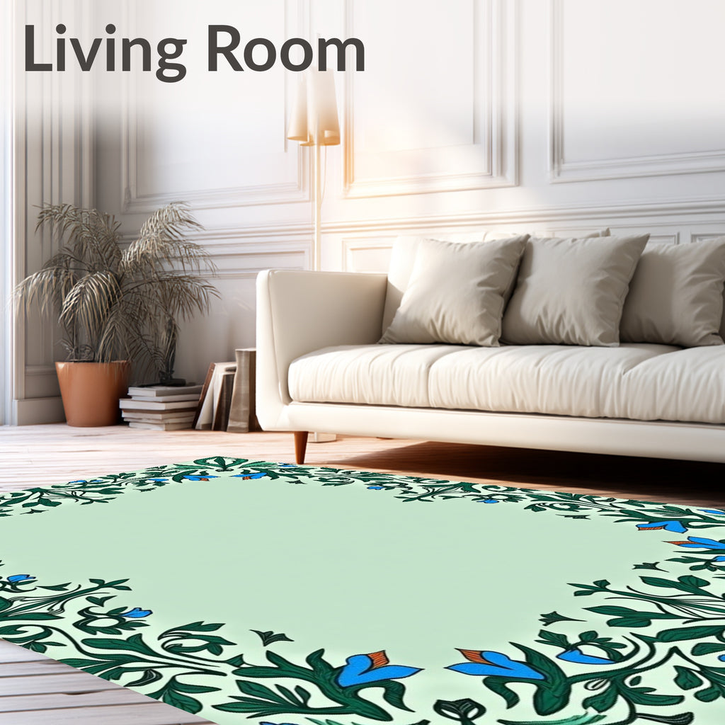 Elegant Blue Floral Border Art Rug
