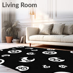 White Circular Motif Black Background Rug