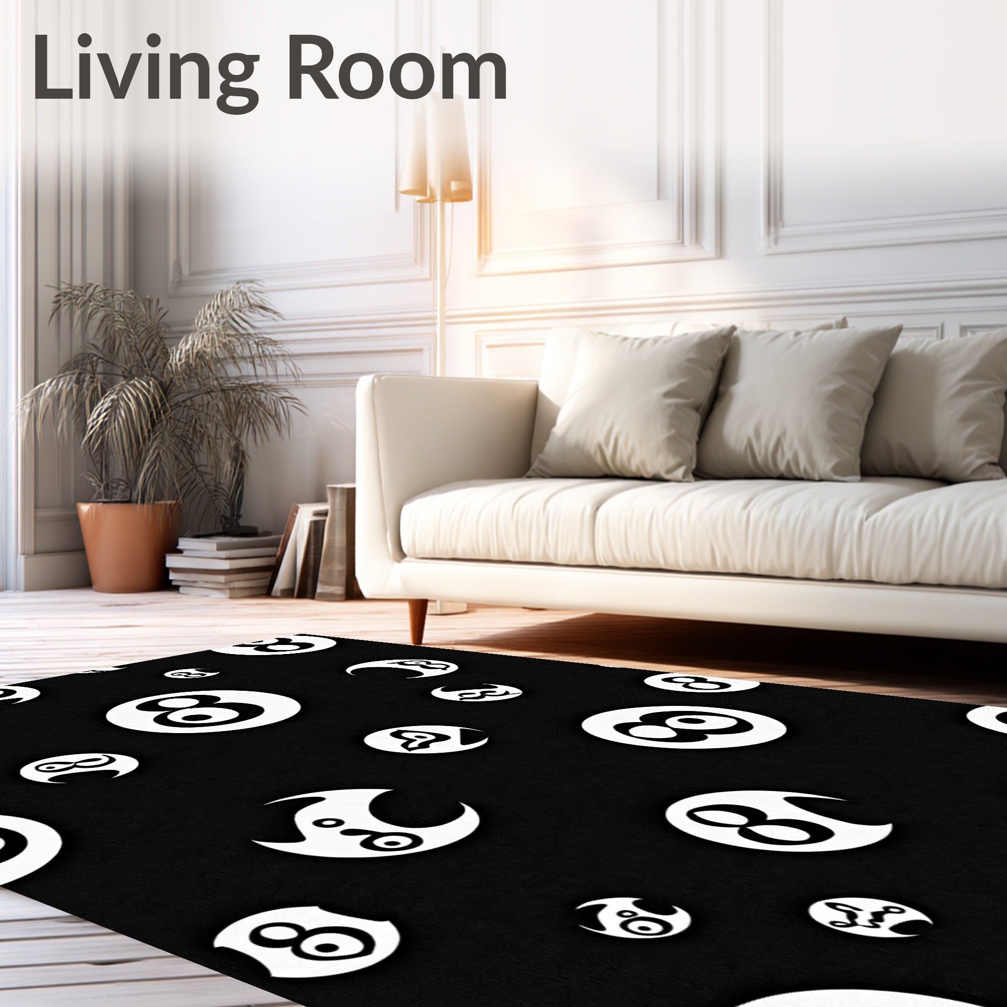 White Circular Motif Black Background Rug