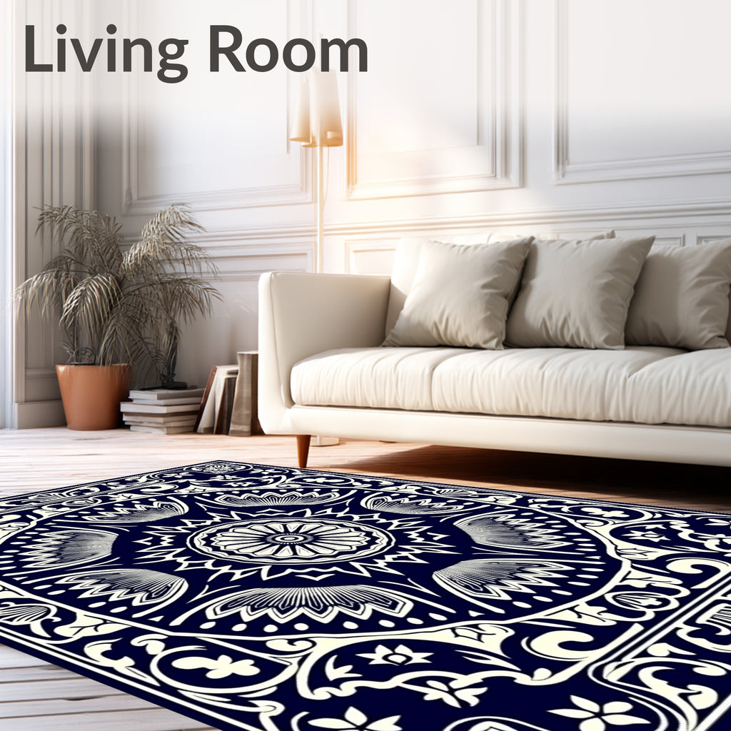 Navy White Floral Medallion Border Rug