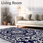 Navy White Floral Medallion Border Rug