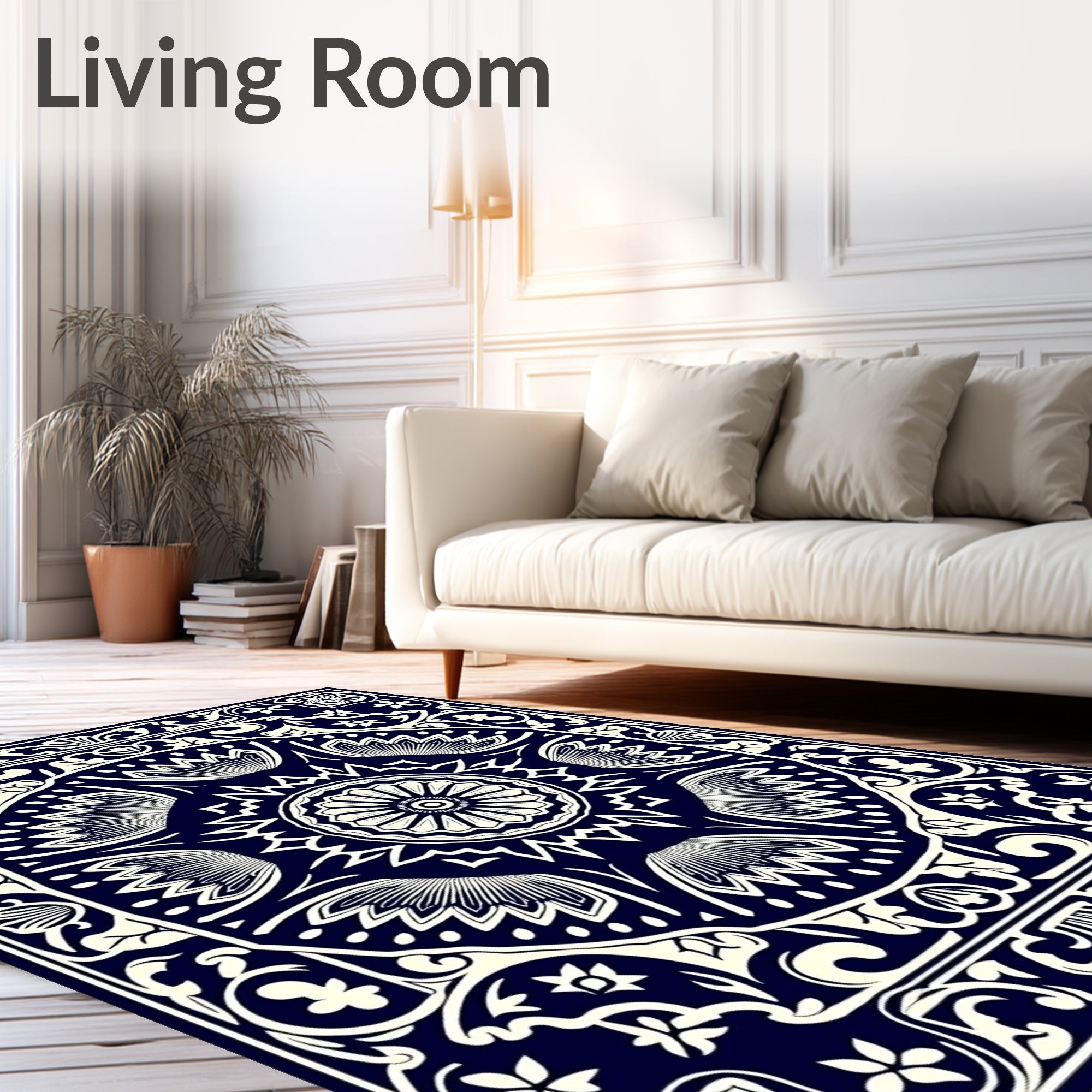Navy White Floral Medallion Border Rug