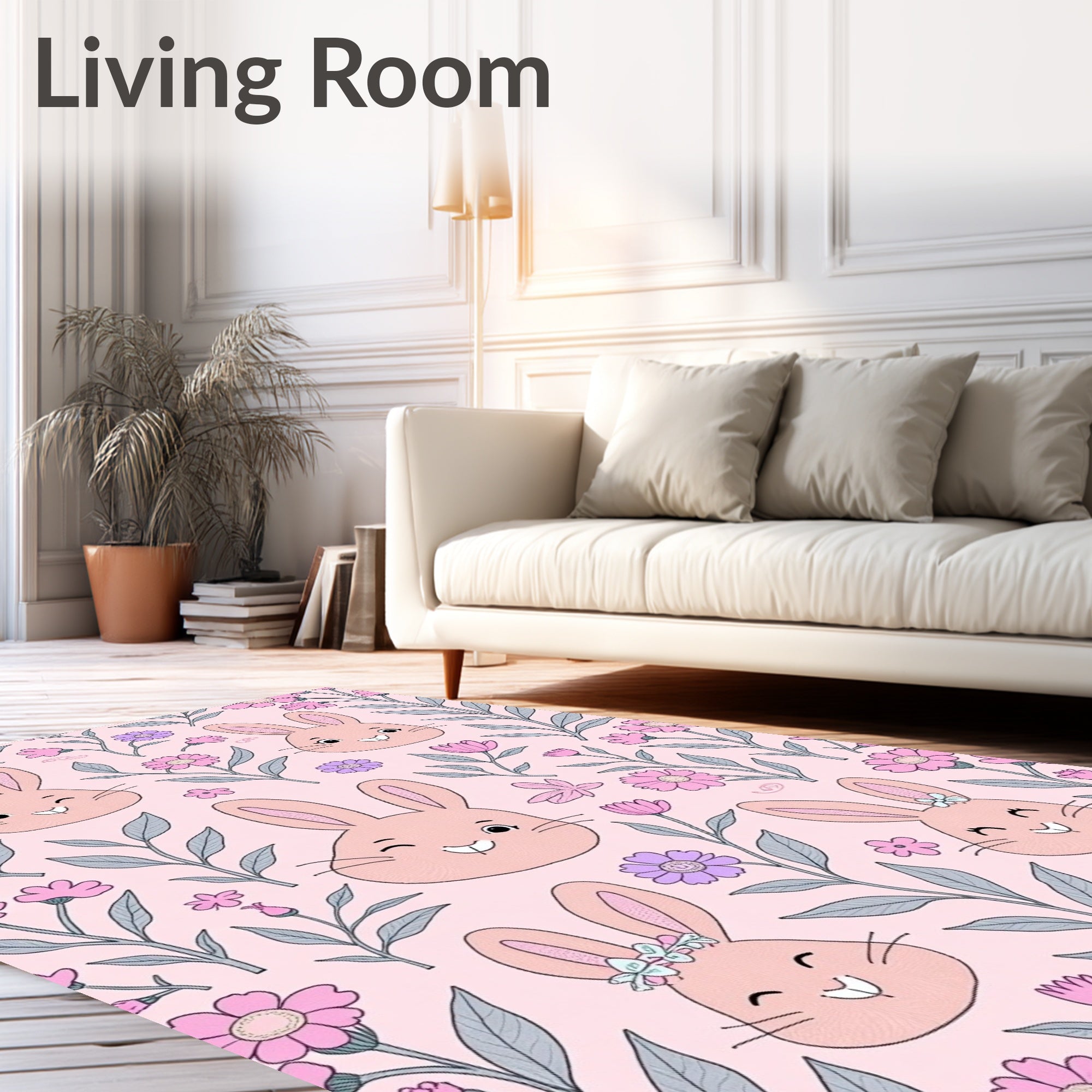 Pink Bunny Flower Garden Whimsy Rug