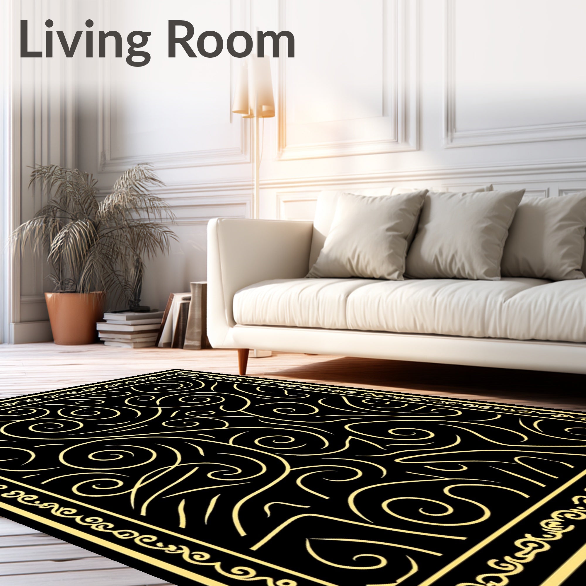Gold Swirl Black Abstract Border Rug