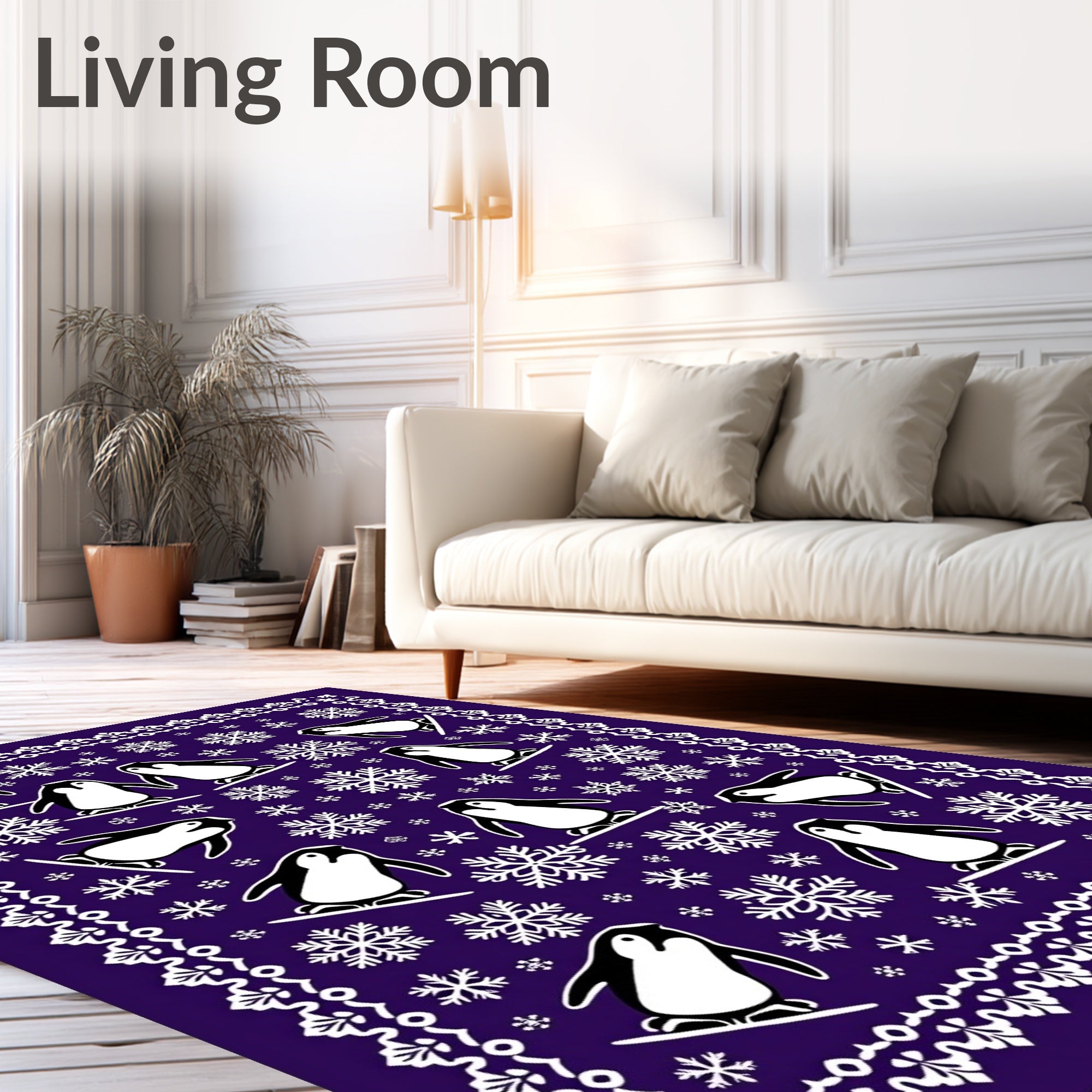 Purple Penguins Snowboarding Snowflake Border Rug