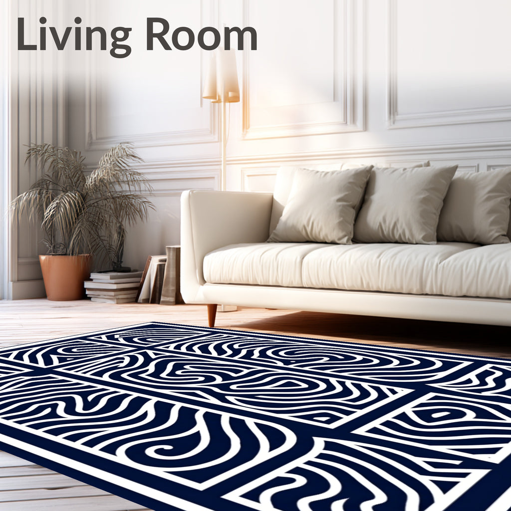 Navy White Abstract Wavy Lines Rug