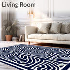 Navy White Abstract Wavy Lines Rug