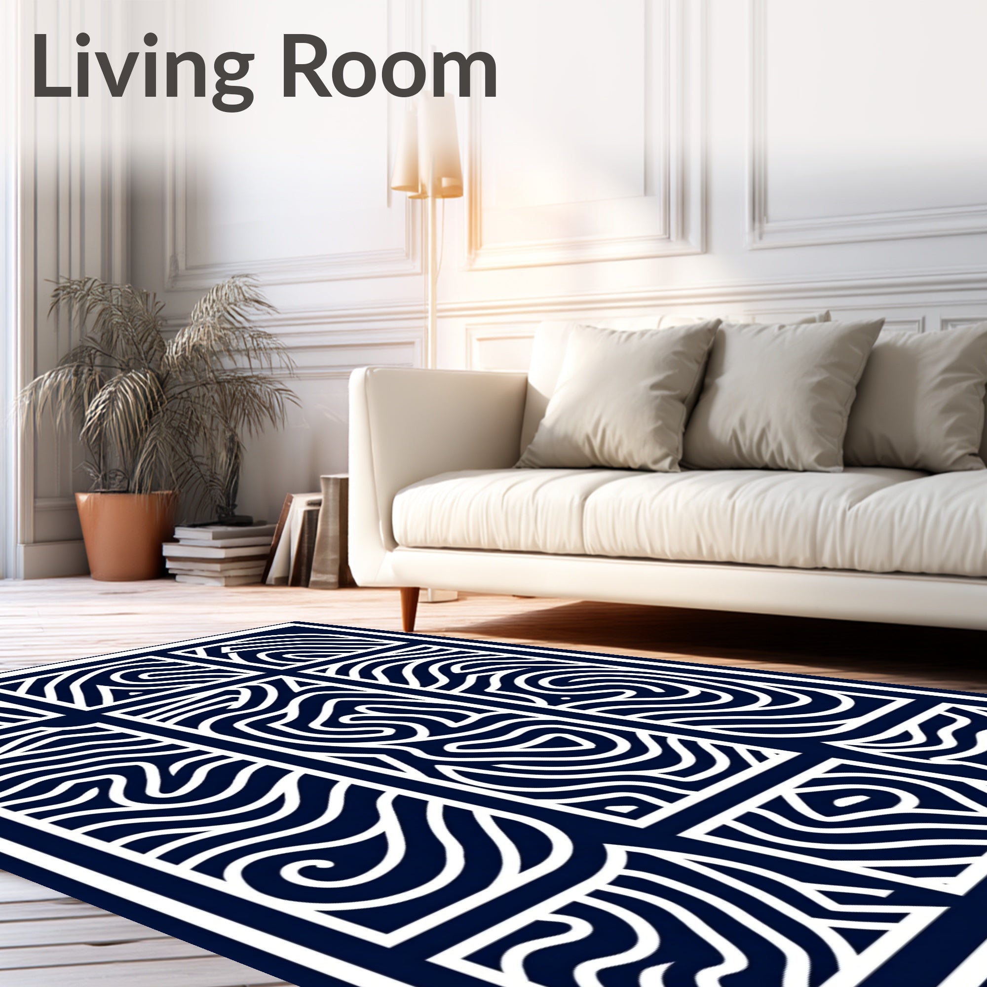 Navy White Abstract Wavy Lines Rug
