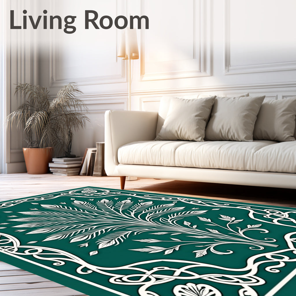 Emerald Green White Foliage Frame Rug