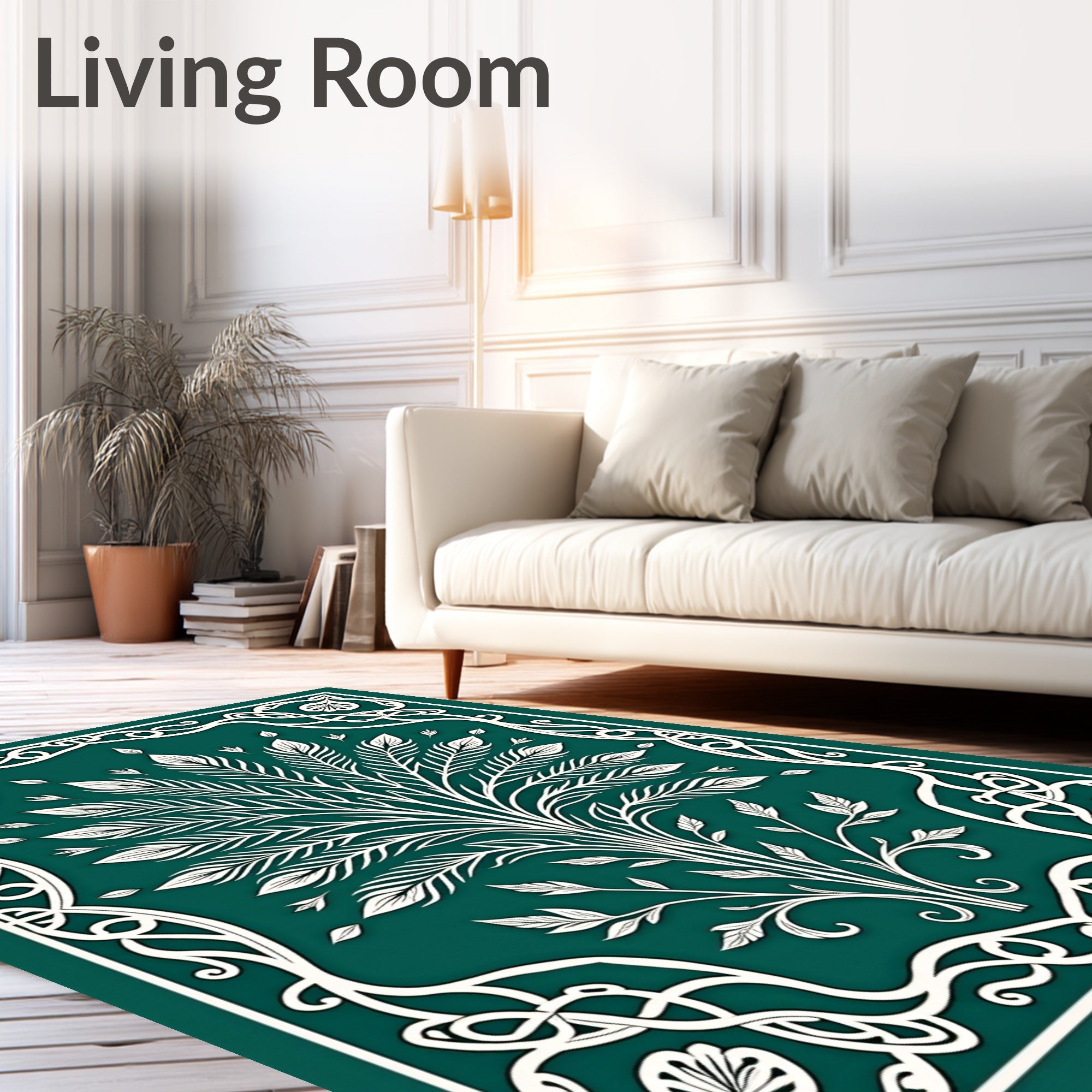 Emerald Green White Foliage Frame Rug
