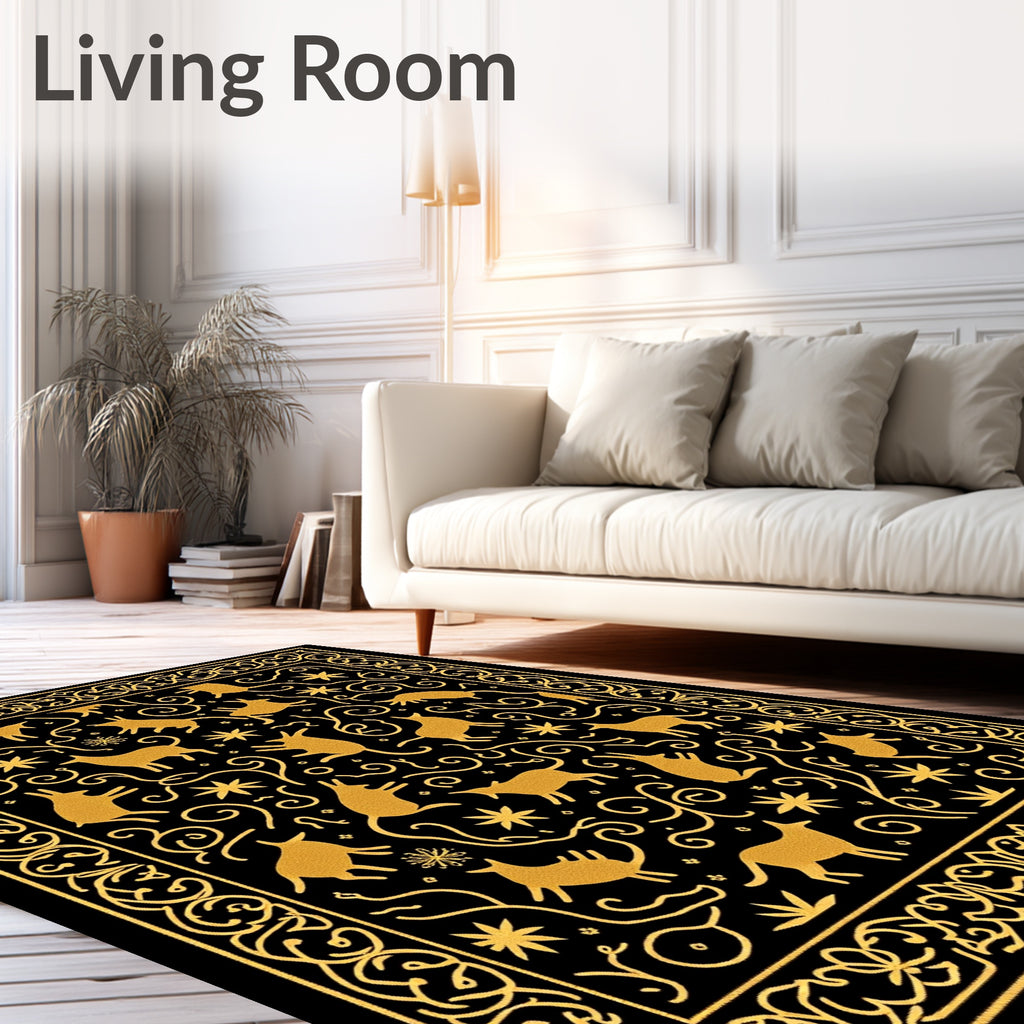 Golden Animals Black Swirling Vine Rug