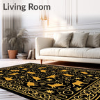 Golden Animals Black Swirling Vine Rug